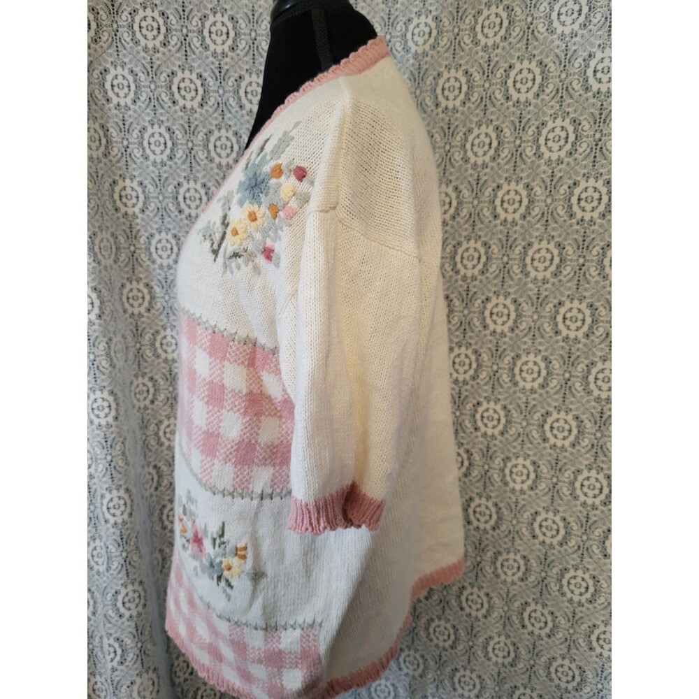 Vintage 90s Knit & Pearl Collectibles Patchwork Sweater Large Cotton Ramie Pink - Picture 6 of 16